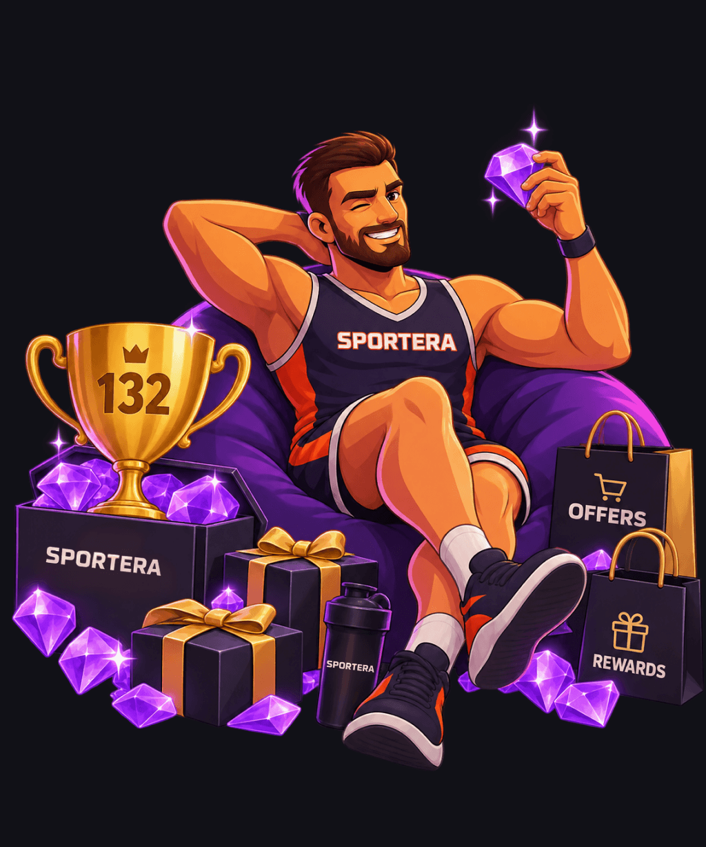 Sportera athlete with trophy, tokens and rewards