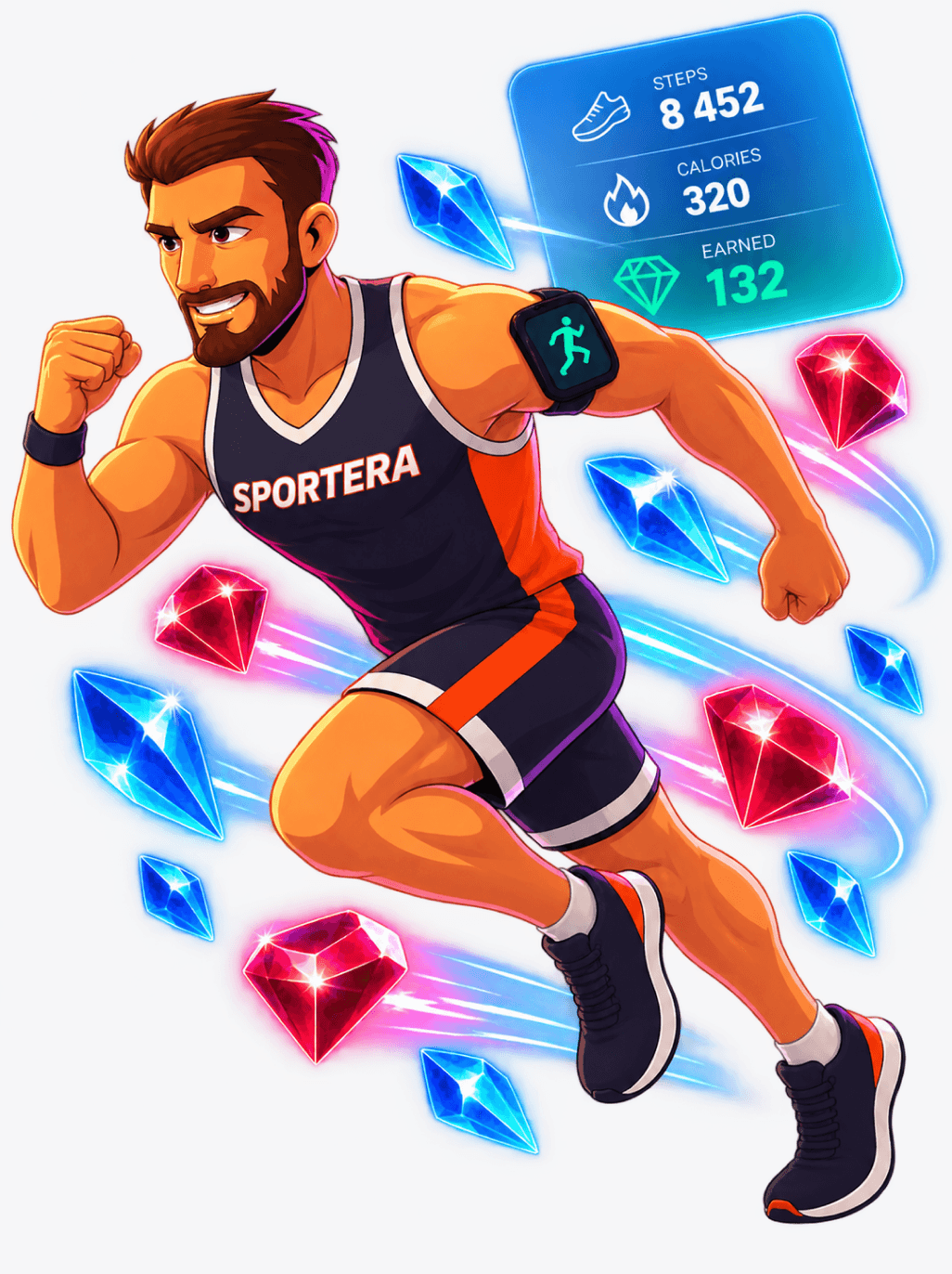 Sportera athlete with trophy, tokens and rewards
